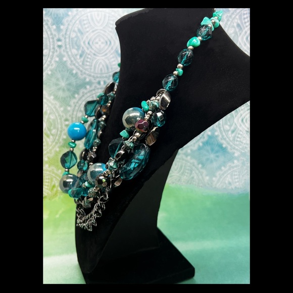 5 Strand Turquoise Blues & Green Acrylic Resin Beading Necklace - Picture 3 of 4